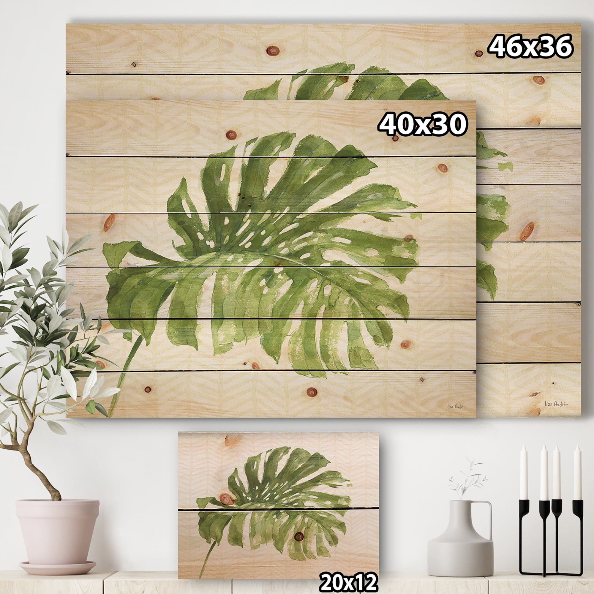 Designart 'Botanical Mixed Green Leaves V' Cottage Print on Natural Pine Wood