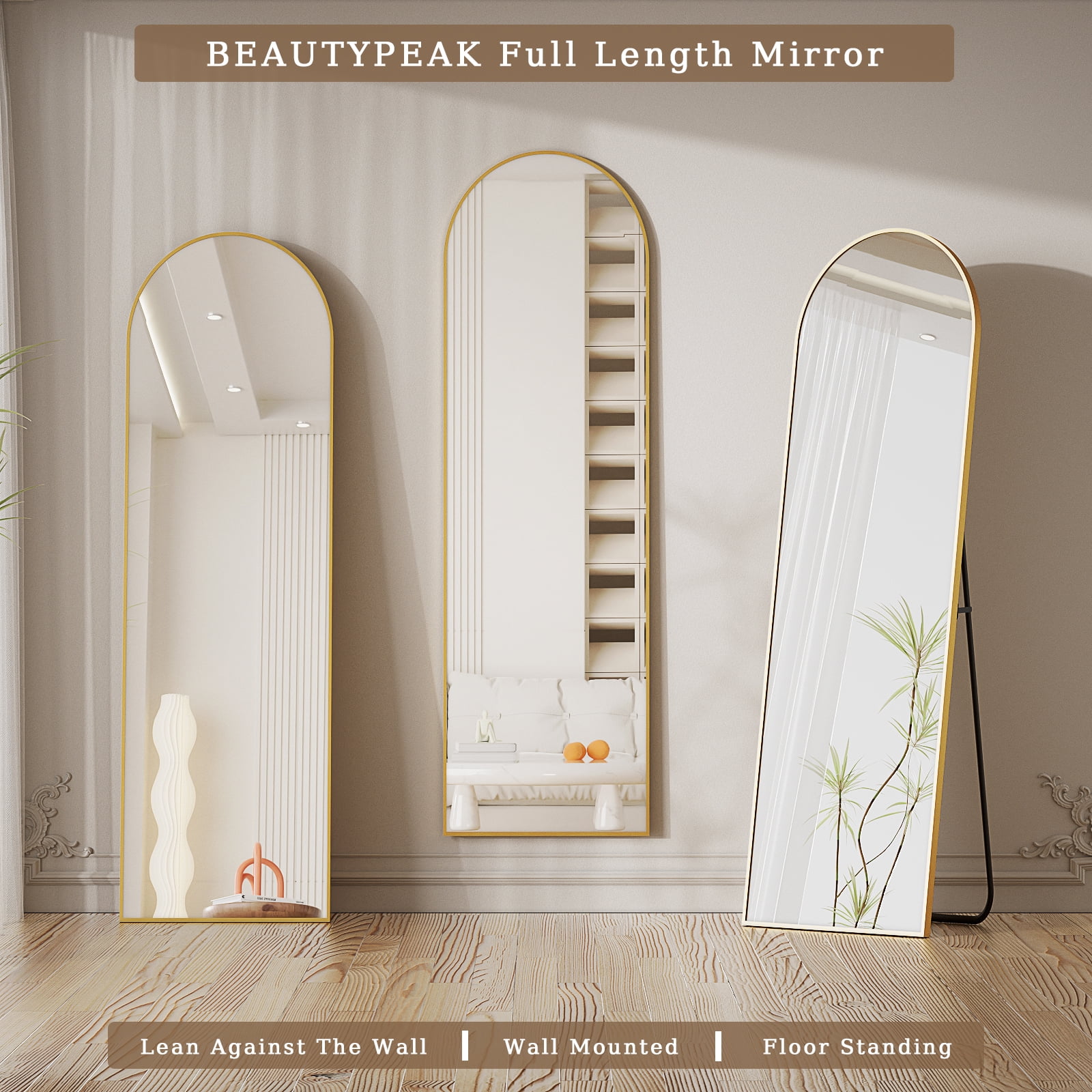 BEAUTYPEAK 59"x 16" Full Length Mirror Arched Standing Floor Mirror Full Body Mirror,Gold