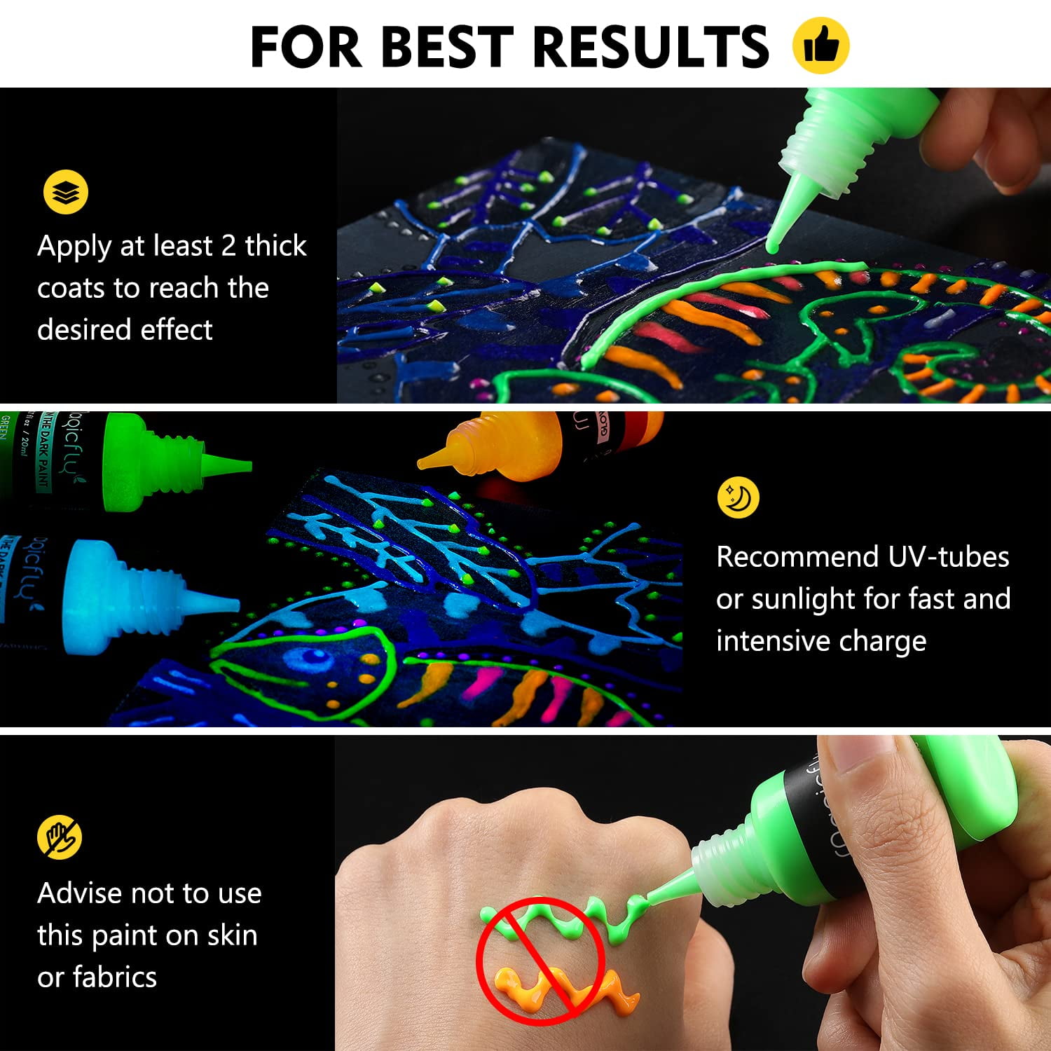 (2 pack) Magicfly Acrylic Glow in The Dark Paint, 10 Bright Colours 60 ml / 2 oz for Painting, Halloween , Christmas