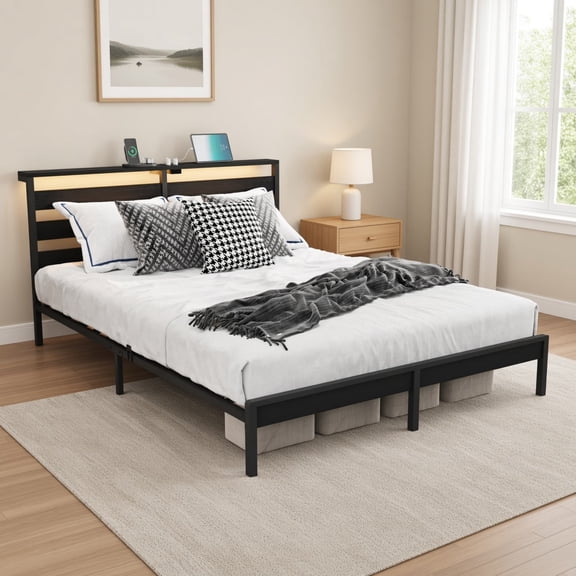 Queen Size Metal Platform Bed Frame with Wooden Headboard and USB Charging, LED Lights, Sturdy Support, No Box Spring Needed, Under Bed Storage, Easy Assembly, Black