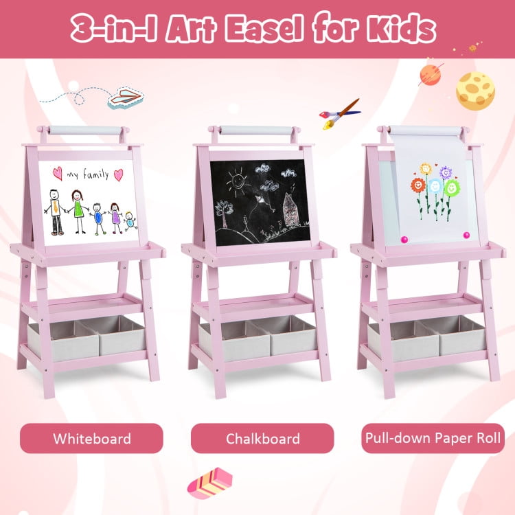 Barara King Kid's Art Easel with Drawing Board, Drawing Easel with Paper Roll, 3-in-1 Double-Sided Storage Art Easel for Study Room, Home Office, Living Room, Pink