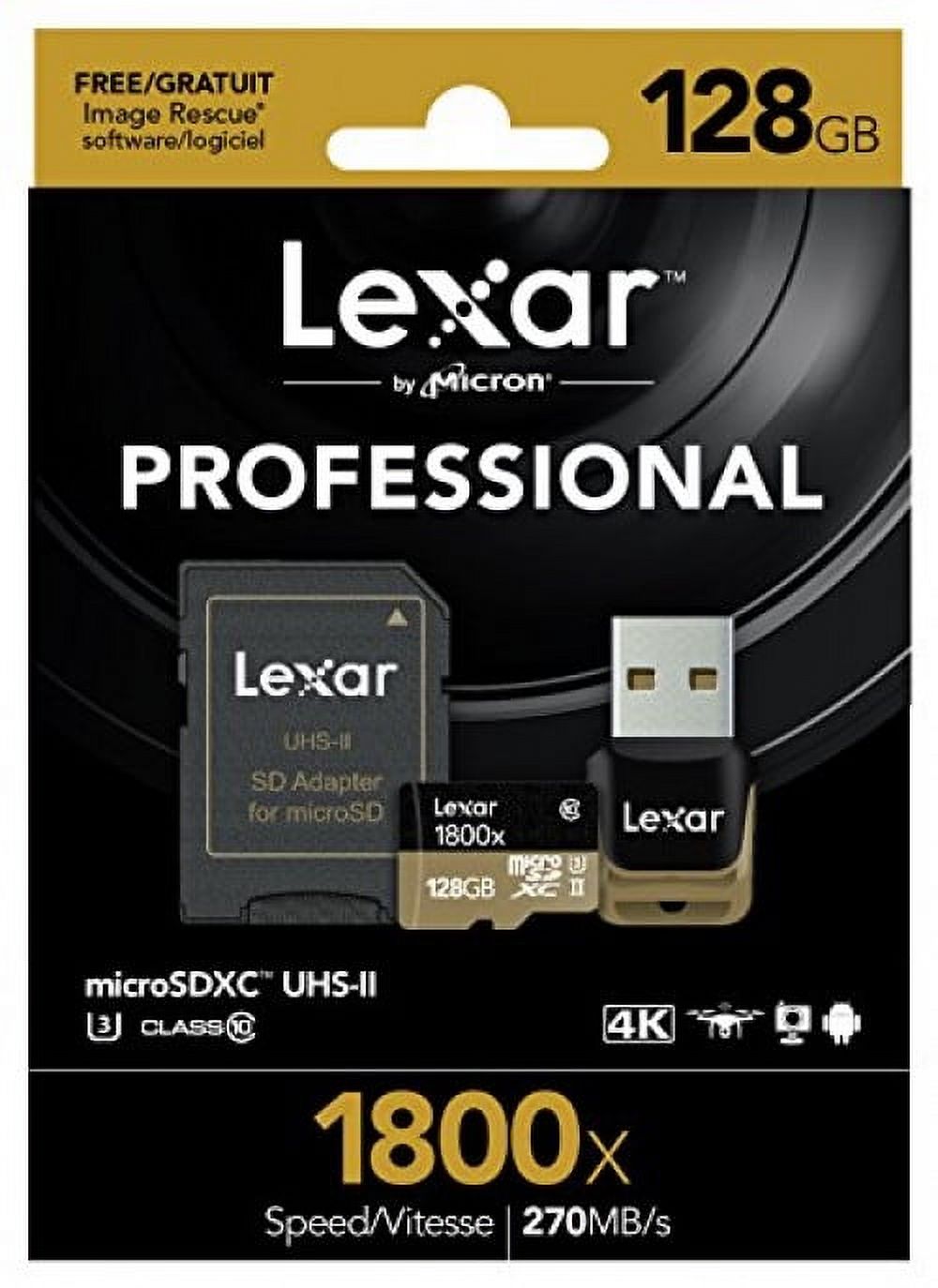 Lexar Professional - Flash memory card (microSDXC to SD adapter included) - 128 GB - UHS Class 3 / Class10 - 1800x - microSDXC UHS-II - image 3 of 6