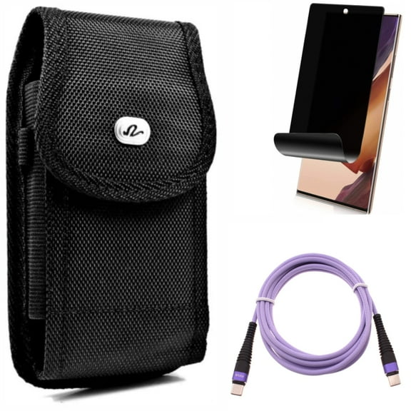 Case Belt Clip & Purple 6ft PD Cable & Privacy Screen Protector for Samsung Galaxy Note 20 Ultra (6.9") - Combo with Rugged Holster & Type-C to USB-C Long Charger Cord & TPU Film Anti-Peep