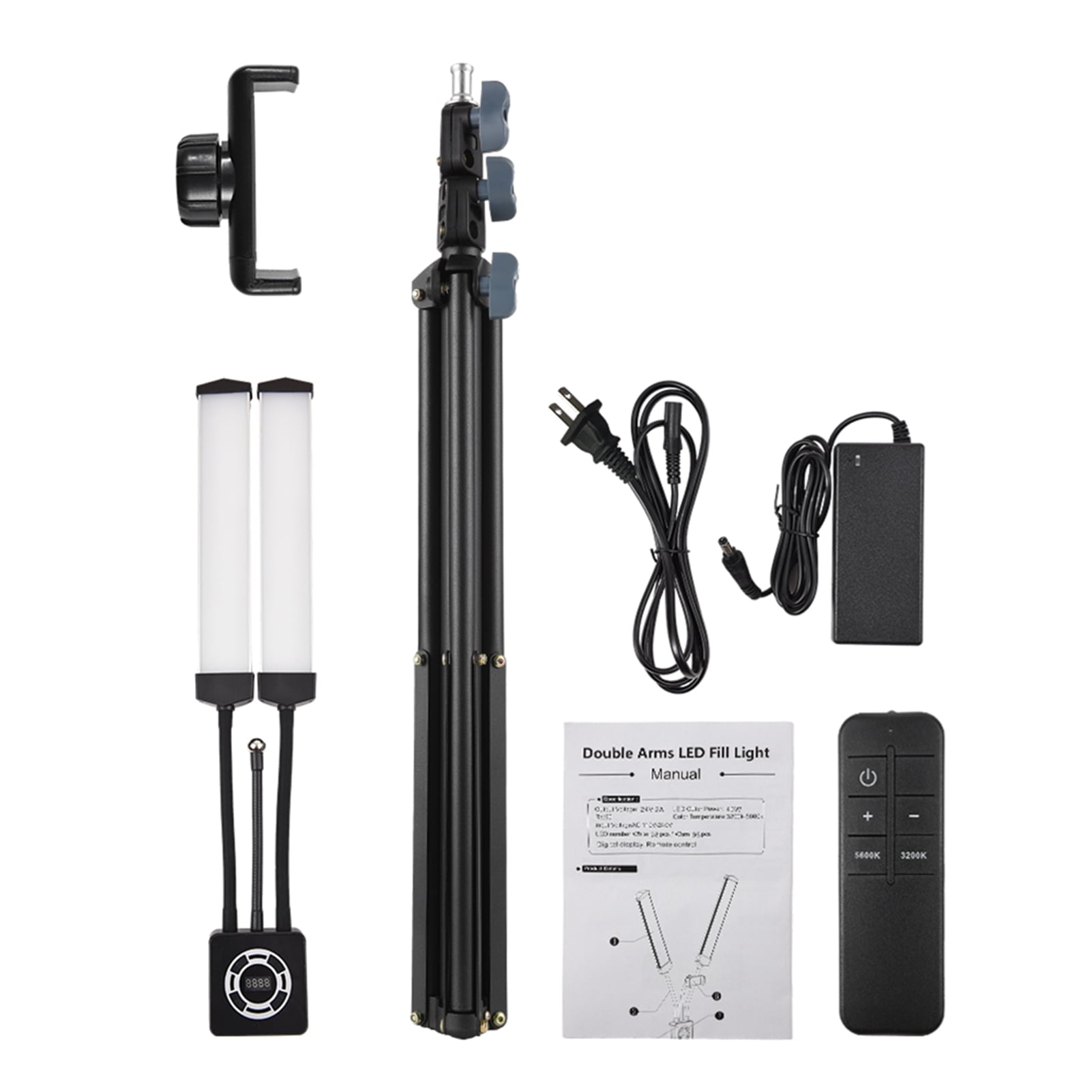 Light 40W Dual Arm Fill Light Multi Angle Rotatable Hose Tube Design 196pcs Beads 3200K To 5600K Color Temperature Stepless Adjustable Video Light With Phone Clip Tripod Stand