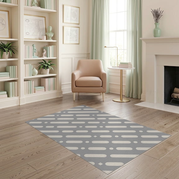ODIKA 4'x6' White Grey Geometric Stripe Design Washable Area Rug Modern Diagonal Pattern with Minimalist Touch Pet Friendly, Non-Shedding for Bedroom, Reading Nook