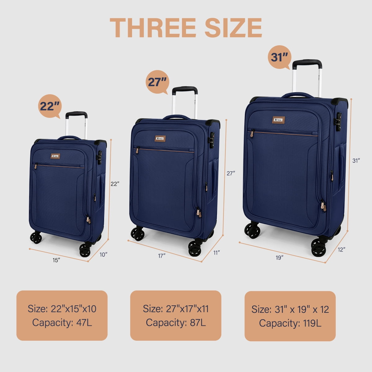 3 Piece Softside Luggage Set, Expandable Soft Shell Spinner Luggage with Front Opening, Lightweight Durable Suitcase TSA Lock Approved, 20"/26"/28", Navy(XJ1097)