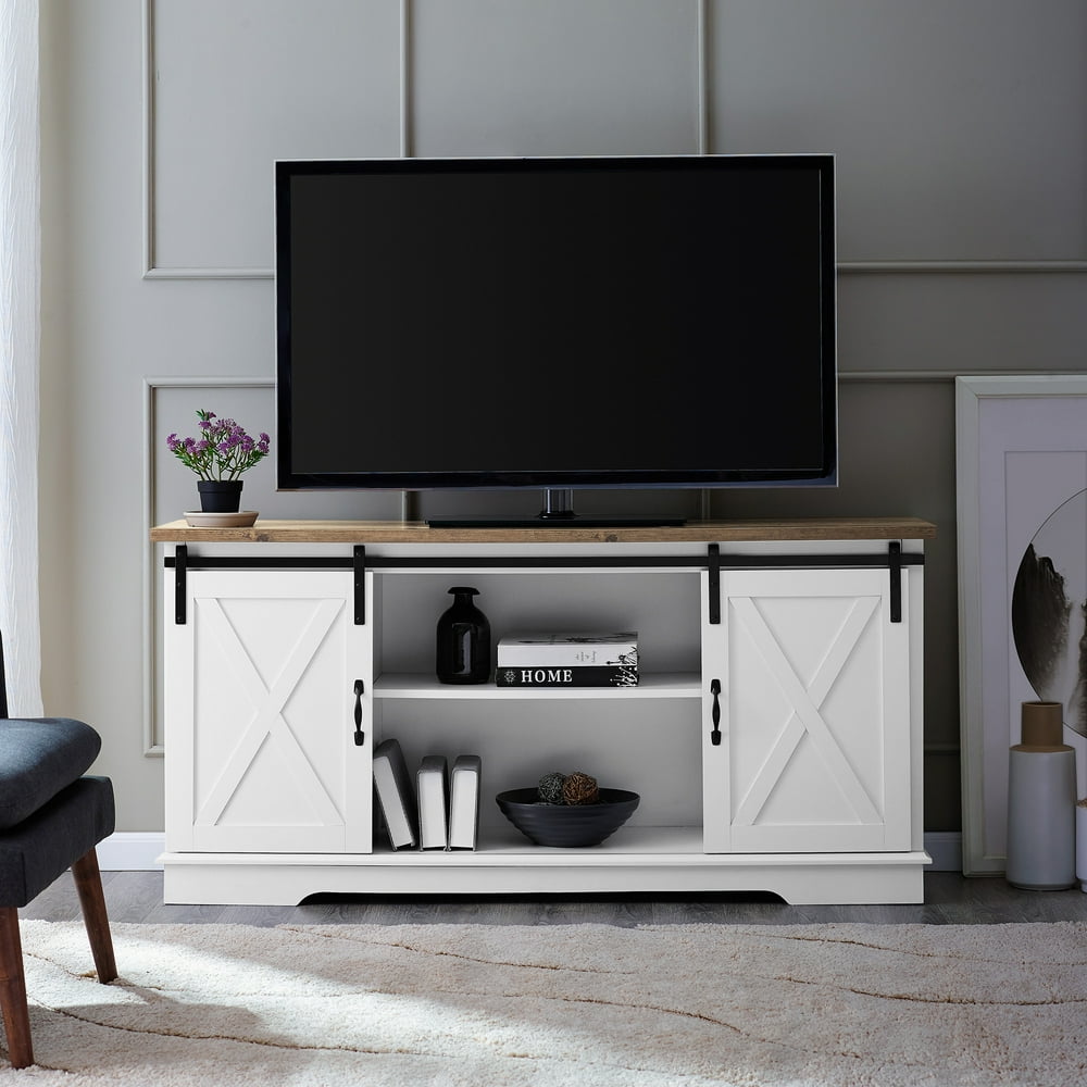 Woven Paths Farmhouse Sliding Barn Door TV Stand for TVs up to 65