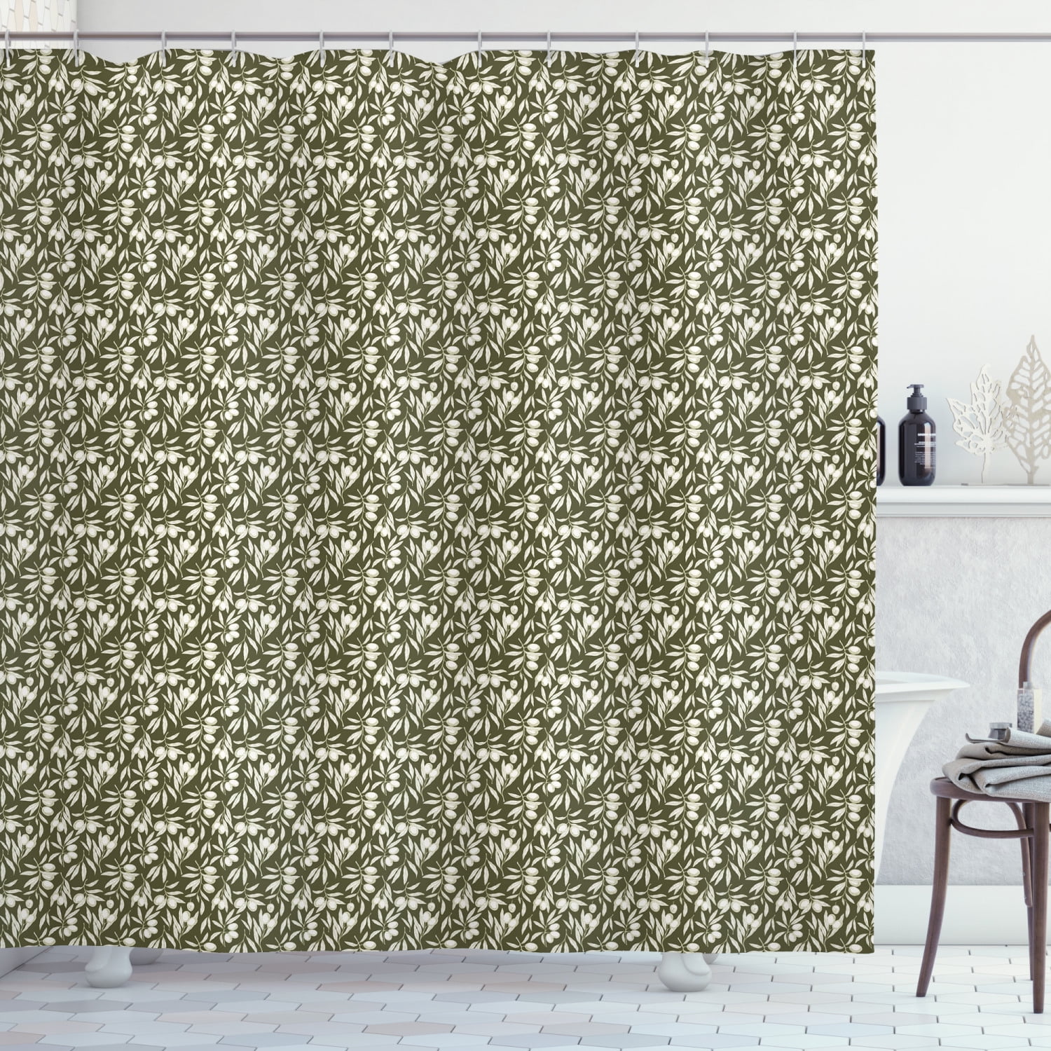 Olive Shower Curtain, Hand Drawn Olive Tree Branches Vintage Style