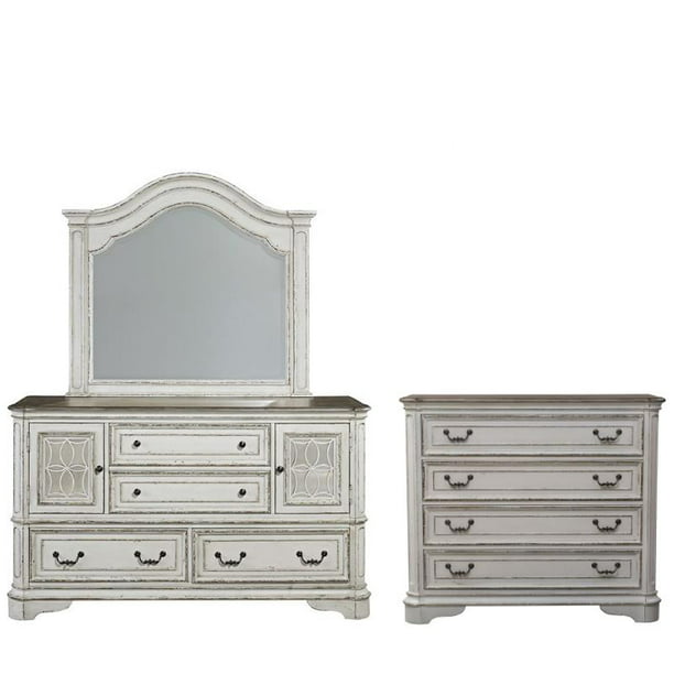 3 Piece Rustic Farmhouse Set With Mirrored Dresser With Media