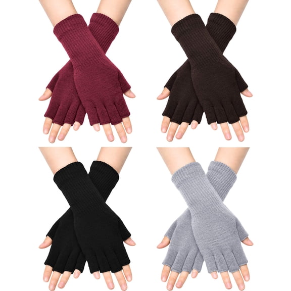 SATINIOR 4 Pairs Winter Fingerless Gloves for Women Half Finger Typing Gloves with Long Wrist Cuff Knit Fingerless Mittens for Women (Black,Red,Light Grey,Coffee)