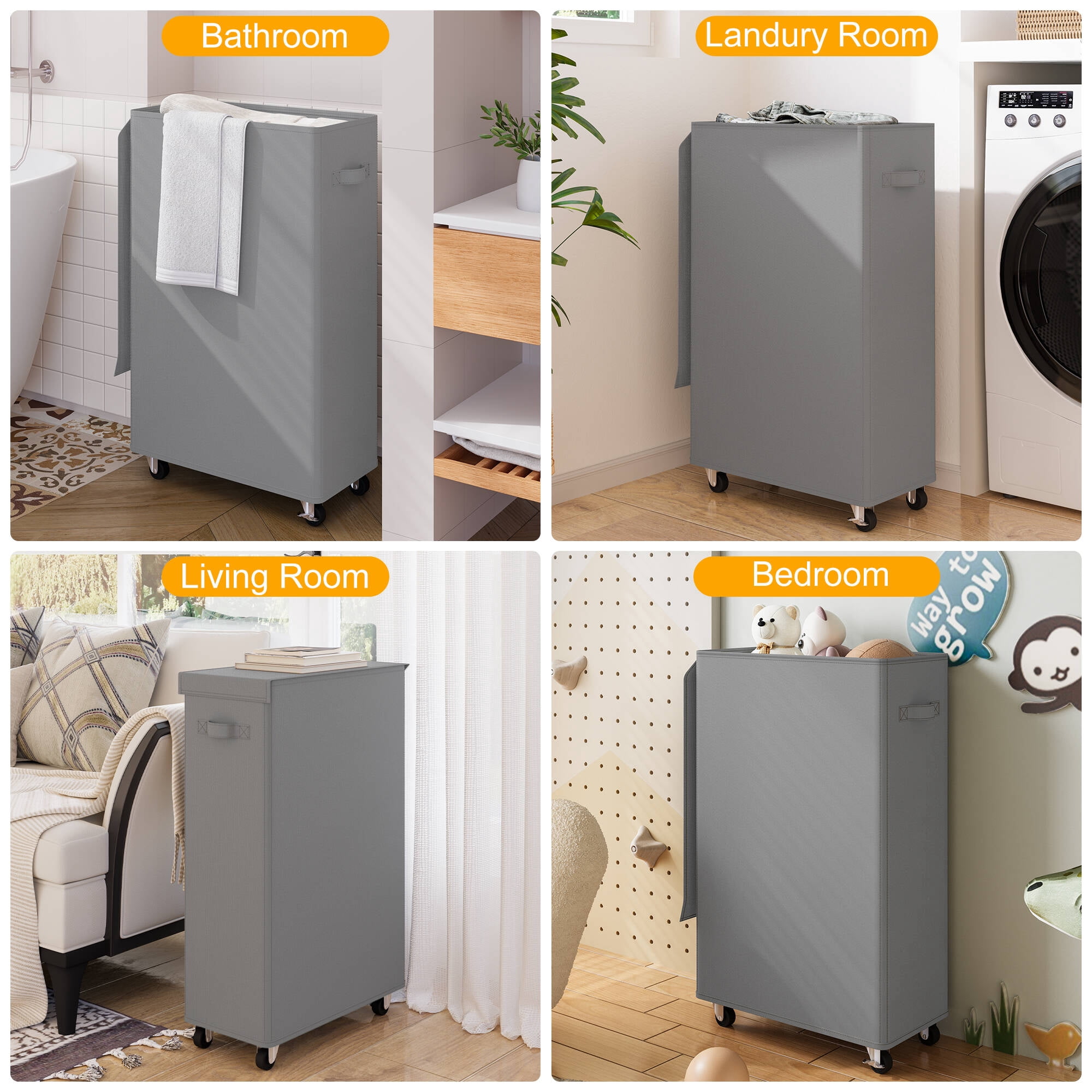 BGTREND 4pcs 28'' Tall & Slim Laundry Hamper with Lid and Wheels Narrow Laundry Basket Collapsible Dirty Clothes Hamper Portable Laundry Storage Bin Oxford (65L, Gray)