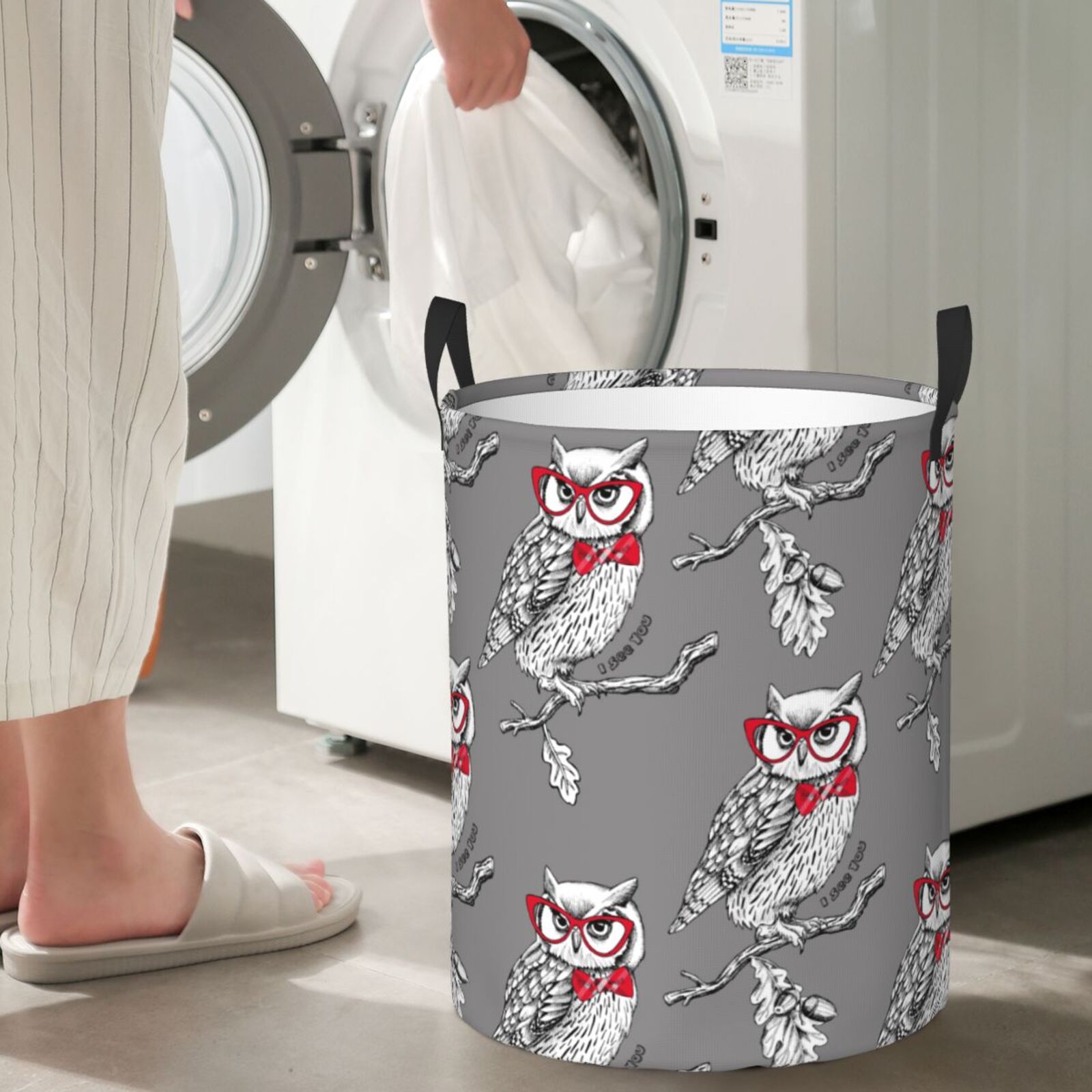 Large Laundry Basket with Handles - Red Glasses Bow Tie Owl Kids Baby Dirty Clothes Laundry Hamper for Bedroom Aesthetic