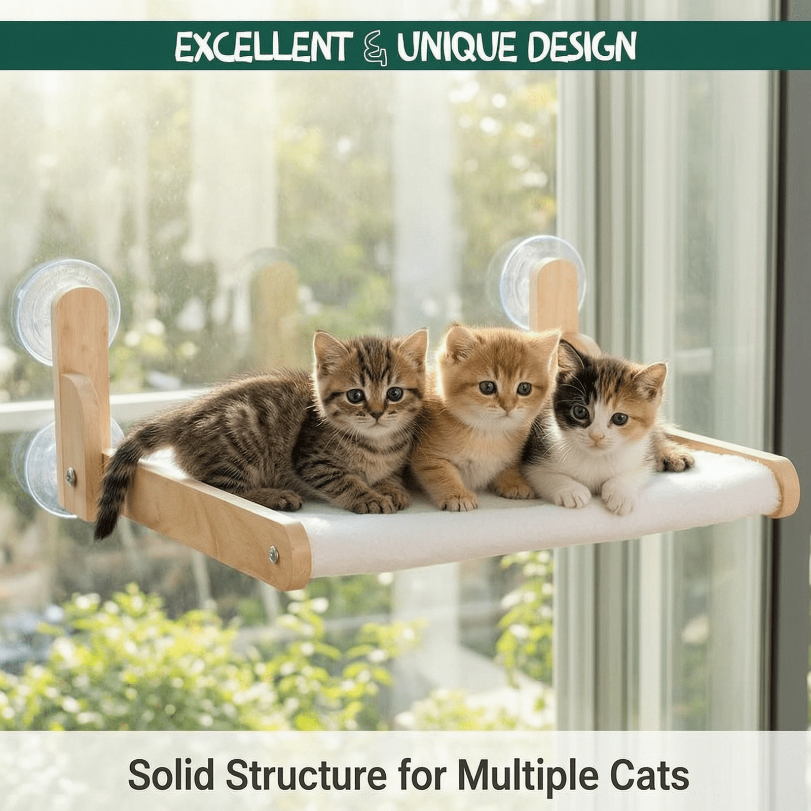 Cat Window Perch with Wooden Frame, Foldable Cat Hammock Bed for Indoor Cats, Soft Plush Cover, Strong Suction Cups, No Drilling, Cat Window Hammock for Small Size Windows