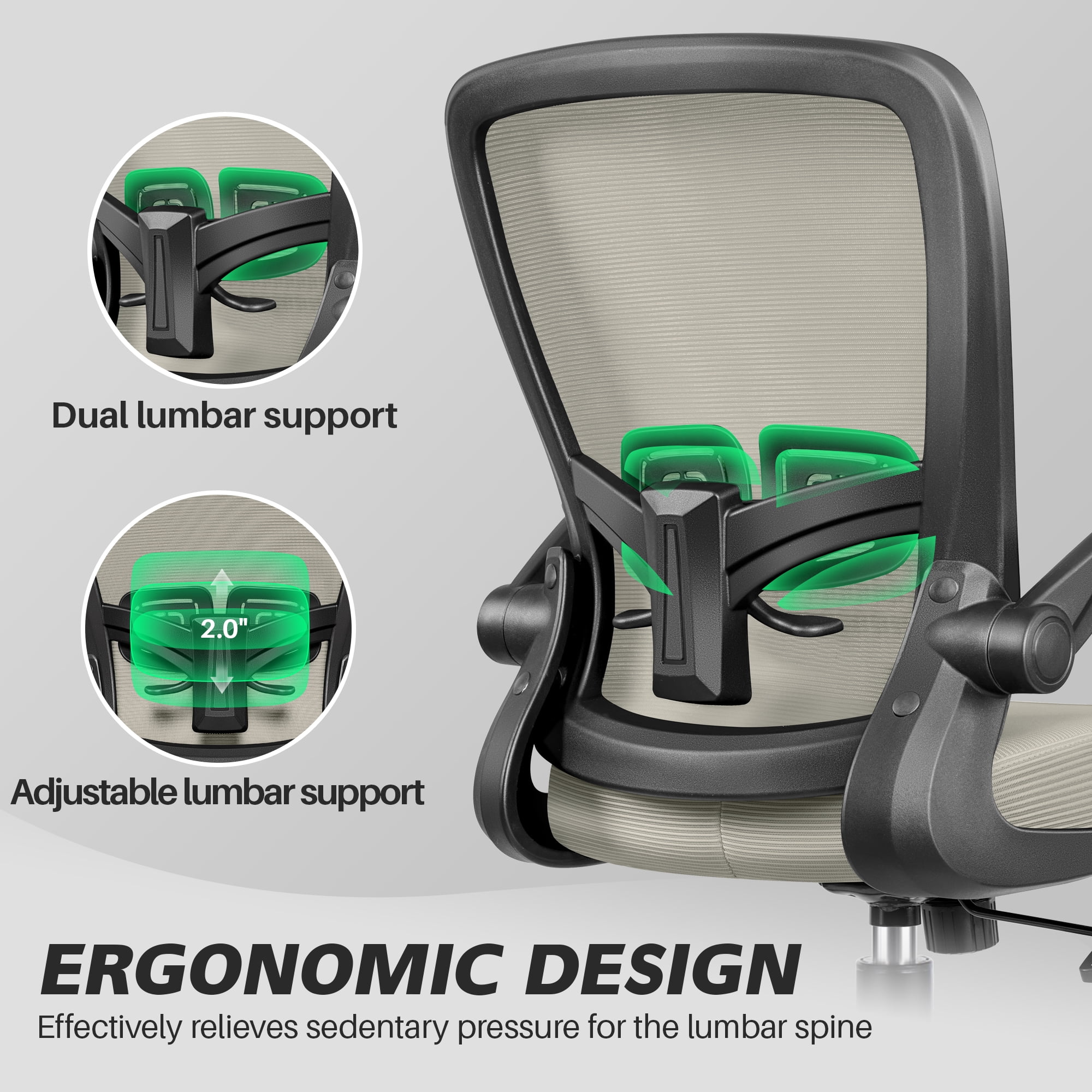 COOLHUT Ergonomic Office Chair, Home Office Desk Chair, Comfort Mesh Task Chair with Adjustable Lumbar Support and Flip up Arms, Gray