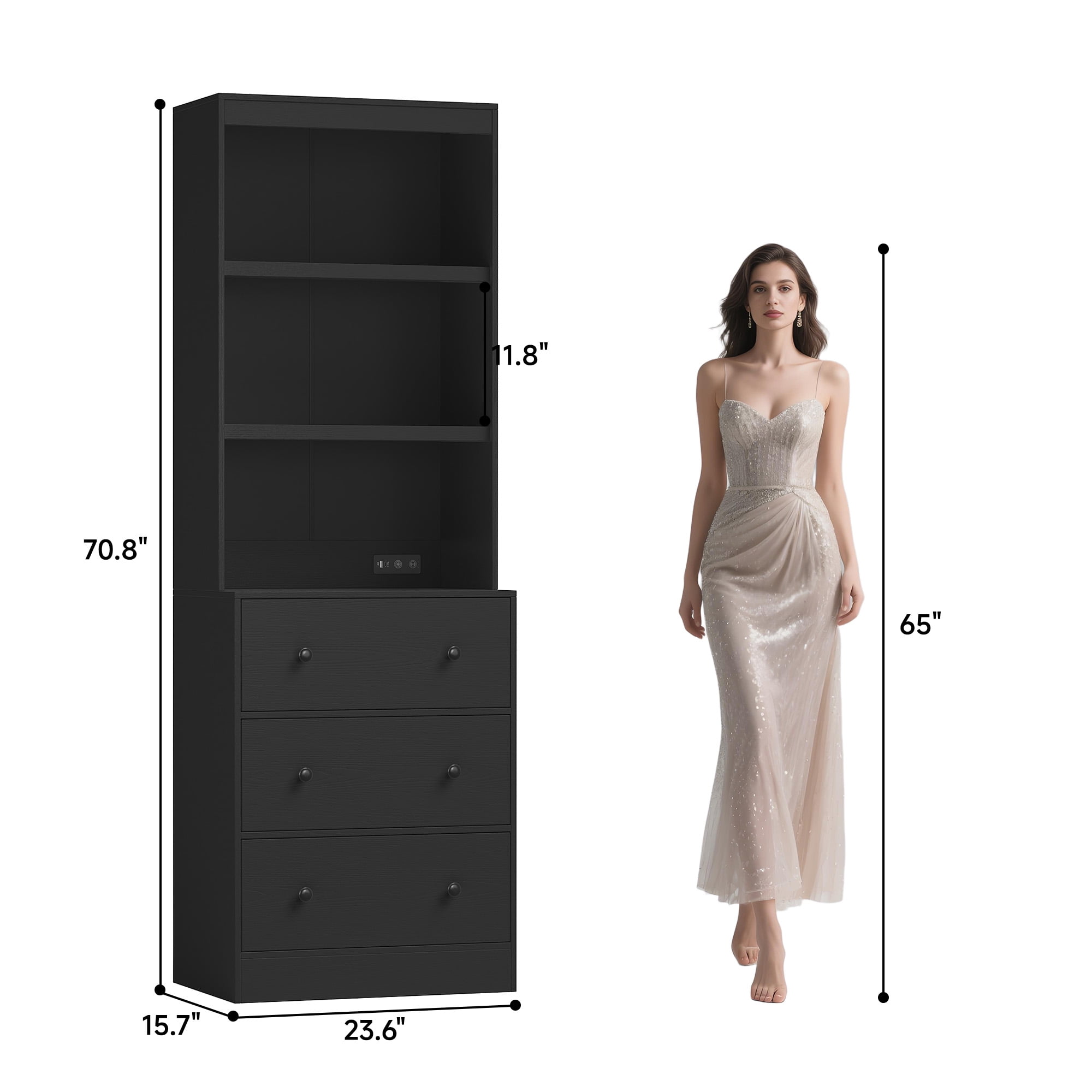 NEGYLIM 2PCS 71" Tall Bookcase with Sensor Lights, Black Bookshelf with Charging Station, Bookshelves with 3 Large Drawers for Living Room Home Office