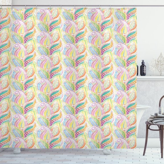 Hippie Shower Curtain, Boho Soft Pastel Leaves in Ethnic Watercolor Stylized Flourishing Lace Artsy Pattern, Fabric Bathroom Set with Hooks, 69W X 75L Inches Long, Multicolor, by Ambesonne