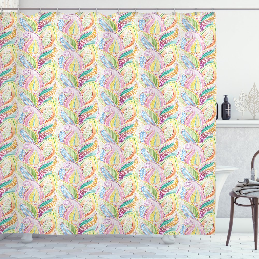 Hippie Shower Curtain, Boho Soft Pastel Leaves in Ethnic Watercolor