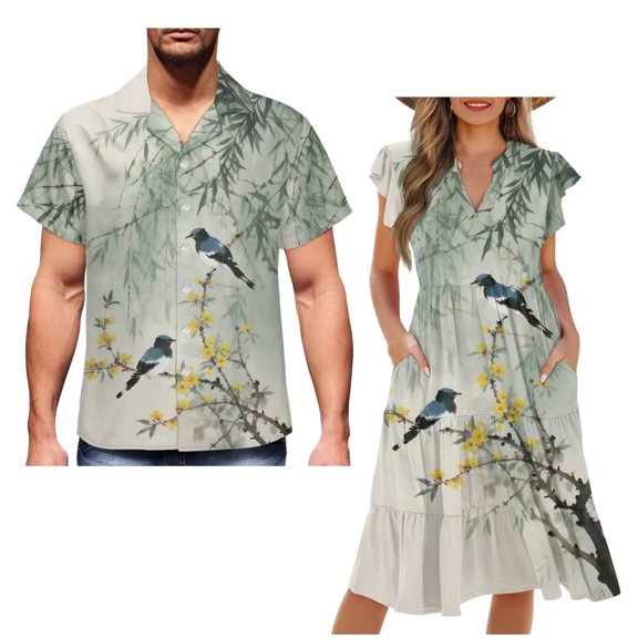 Garronmavis Green Leaf Bird Couple Matching Outfit Women's V-neck Dress Size S with Pocket Flowy Summer Party Dresses and Mens Short Sleeve Shirt Hawaiian Blouse Tops