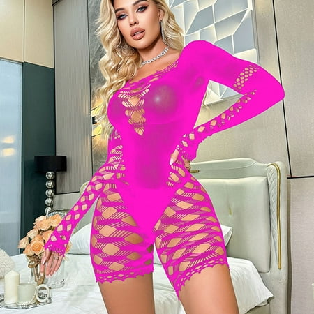 uublik Women Lingerie Valentine s Day One Piece Nightwear Lace Nightgown Bodysuit Chemise Sleepwear Hot Pink Free Size