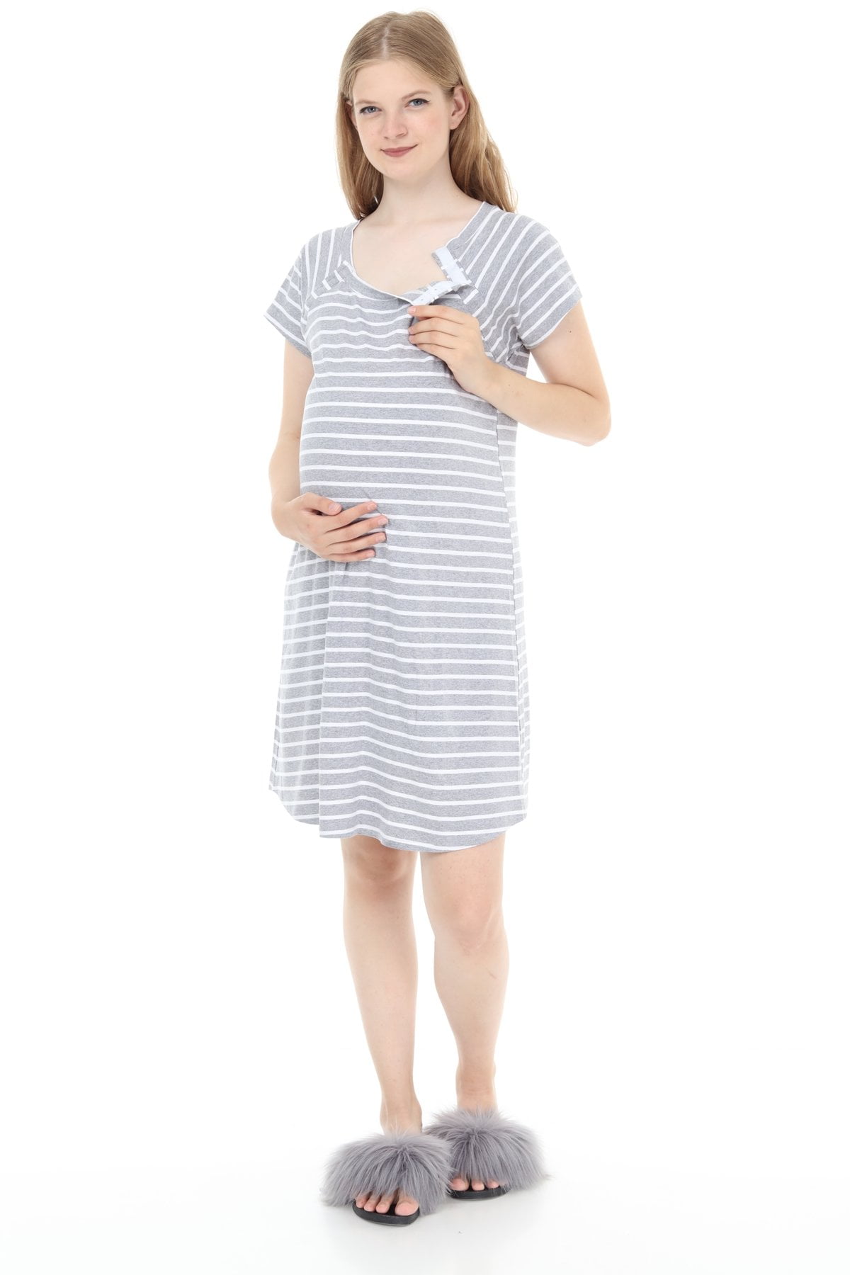 LVMA9580 Women's Gray Stripped Maternity Nursing nightgown Soft Short