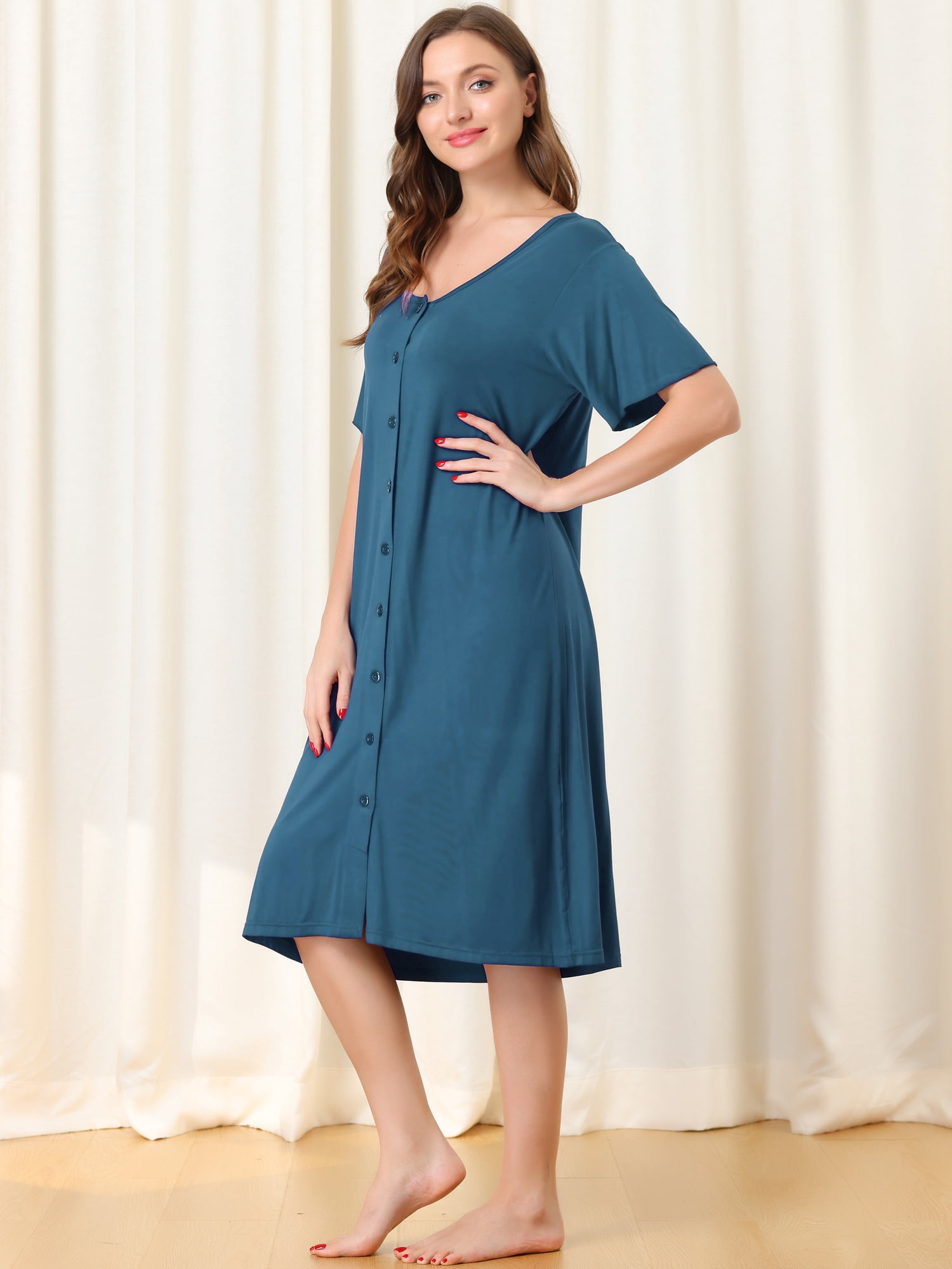 Unique Bargains Womens Modal Nightshirt Soft Button Down Short Sleeve Nightgown