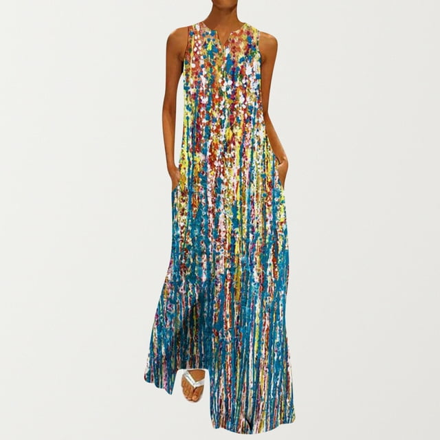 SMihono Robe Maxi Bohème d'Été pour Femmes Grande Taille Mode Col en V Sans Manches Soirée d'Été Impression Poches Gilet Longue Robe de Plage
