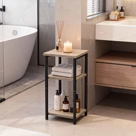 CONCETTA END TABLE WITH 3 SHELVES, NARROW NIGHTSTAND FOR SMALL SPACES, EASY ASSEMBLY, IDEAL FOR LIVING ROOM AND BEDROOM, GRAY