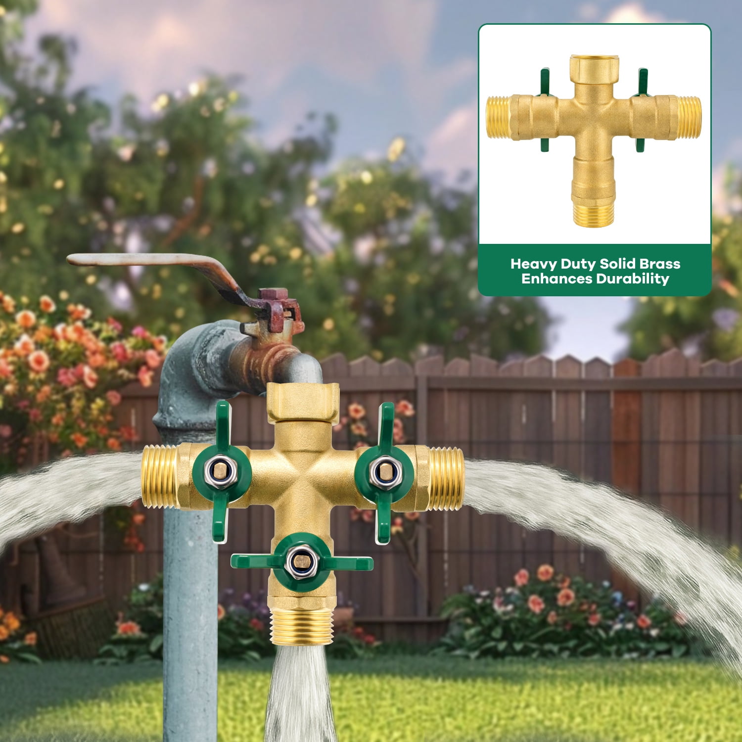 3-Way Brass Garden Hose Splitter, Heavy Duty Water Hose Valve with Long Handles for Lawn and Yard Watering