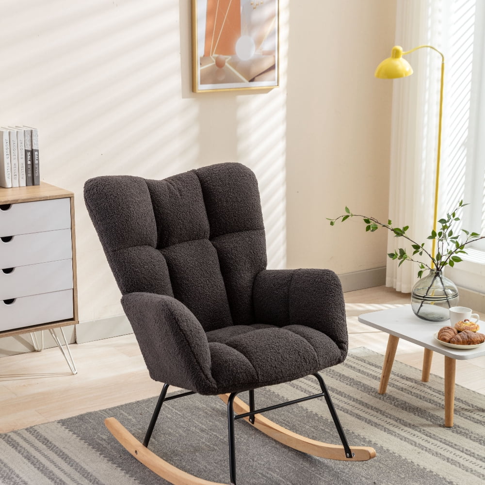 Oufan Leisure Rocking Chair With Upholstered, Teddy Fabric Nursery Rocking Chair with High Backrest & Solid Wood Frame for Living Room, Bedroom