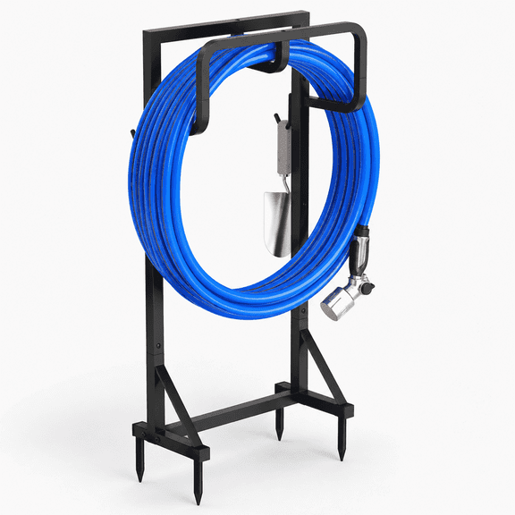 Freestanding Iron Frame Water Pipe Storage Organizer Rack, Heavy Duty Outdoor Garden Hose Support Stand, Space Saving Hose Holder for Backyard Lawn & Garden Use, Black