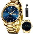 thumbnail image 1 of Reloj de oro para hombre Reloj de vestir de negocios de cuarzo analógico Fecha Acero inoxidable Clásico Lujo Luminoso Resistente al agua Reloj de hombre casual Reloj de hombre de acero inoxidable dorado Esfera azul, 1 of 5