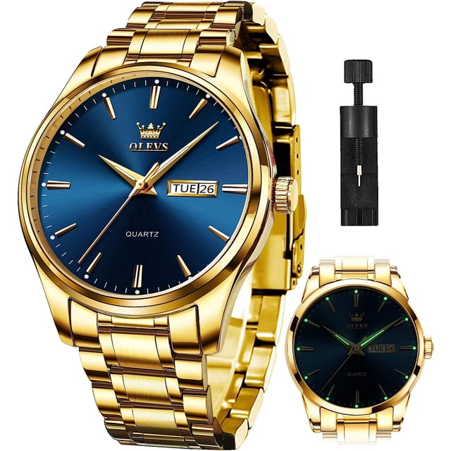 Reloj de oro para hombre Reloj de vestir de negocios de cuarzo analógico Fecha Acero inoxidable Clásico Lujo Luminoso Resistente al agua Reloj de hombre casual Reloj de hombre de acero inoxidable dorado Esfera azul