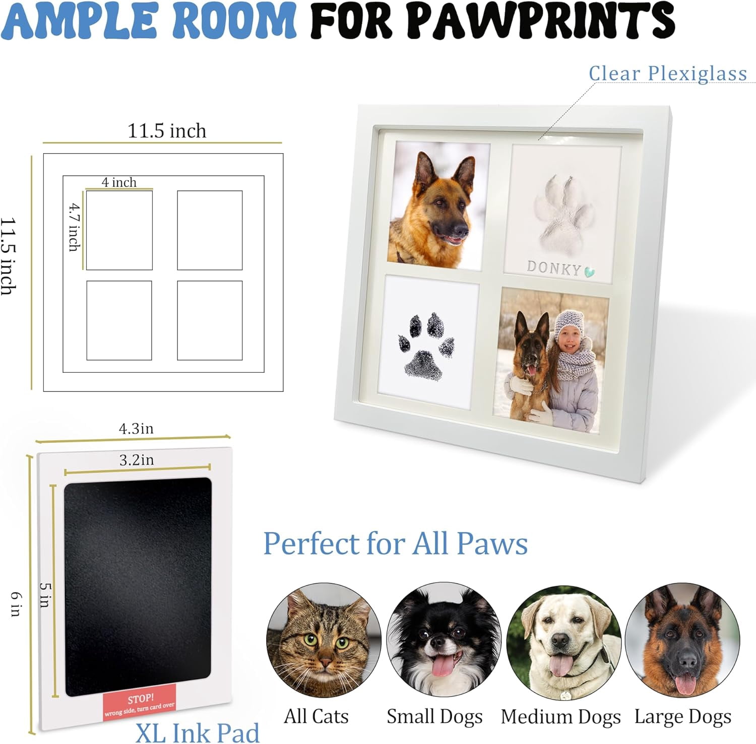 Ink & Clay Paw Print Kit for Dog Cat,Clean-Touch Ink Pad & Soft Clay,Pet Paw Print Impression Kit Large Area,Keepsake Frame for 1-2 Pets,Cat/Dog Gifts