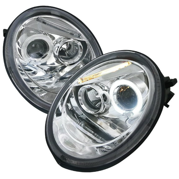 Halo Projector Headlights (Chrome Housing/Clear Lens) Made for and Compatible with 1998-2005 Volkswagen Beetle