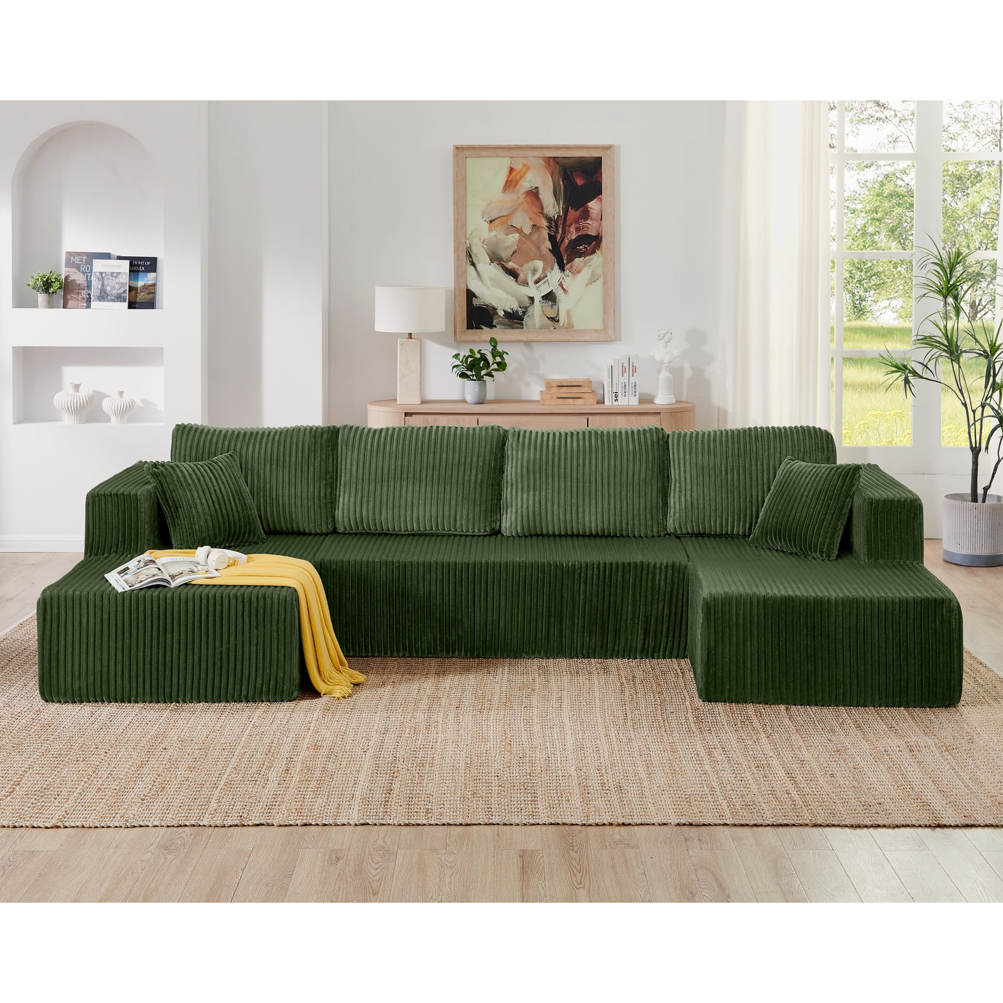 132" U-Shape Modular Sectional Sofa,Modern Compressed Sectional Sofa,Corduroy Sleeper Sofa Couch for Living Room,Bedroom,Green