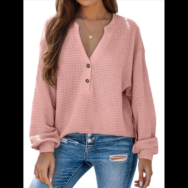 Blusas Tipo Suéter de Larga Informales con Cuello en V y Cuello de Gofre para Mujer Rosa L