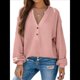 thumbnail image 1 of Blusas Tipo Suéter de Larga Informales con Cuello en V y Cuello de Gofre para Mujer Rosa L, 1 of 9