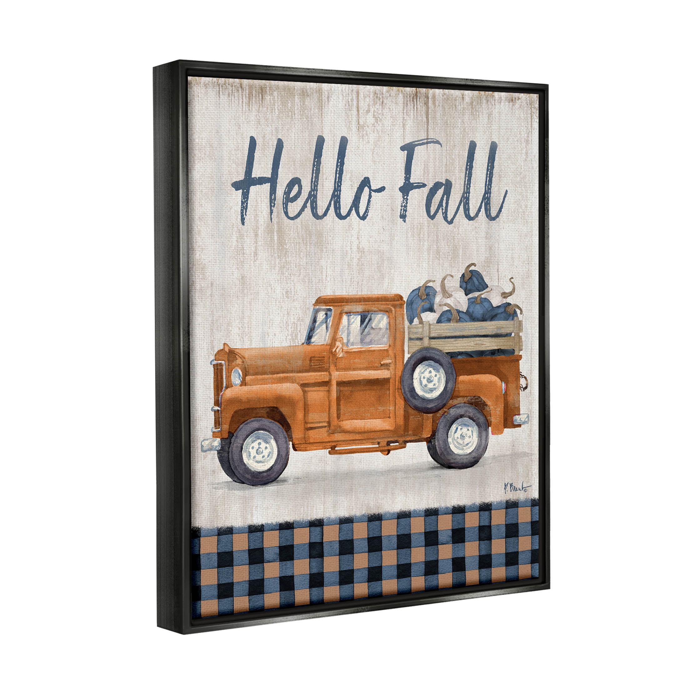 Stupell Industries Hello Fall Plaid Pumpkin Truck Graphic Art Jet Black Floating Framed Canvas Print Wall Art, Design by Paul Brent