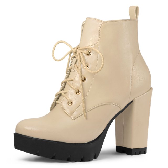 Unique Bargains Women's Round Toe Block High Heel Lace Up Platform Boots