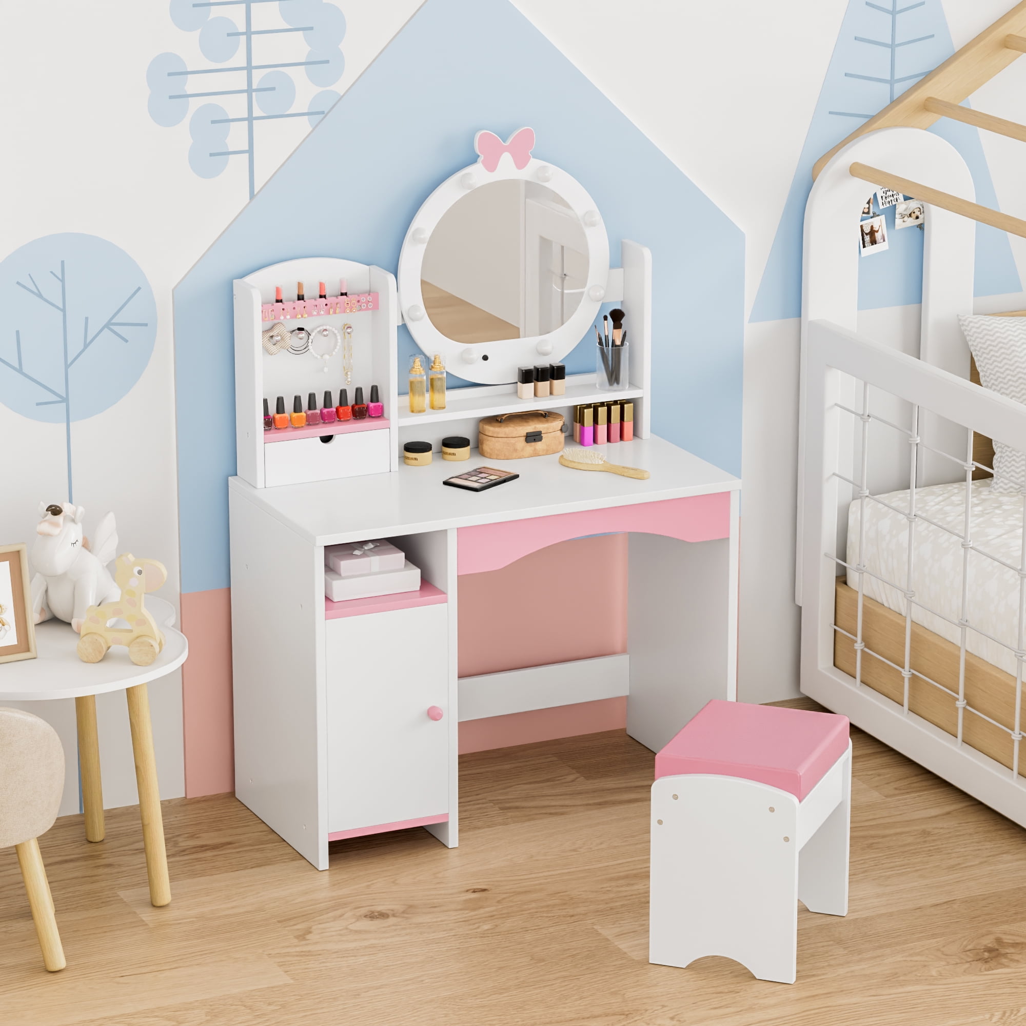 Reasea Kids Vanity Table, Girls Vanity Set, Princess Makeup Vanity Desk & Chair Set, White