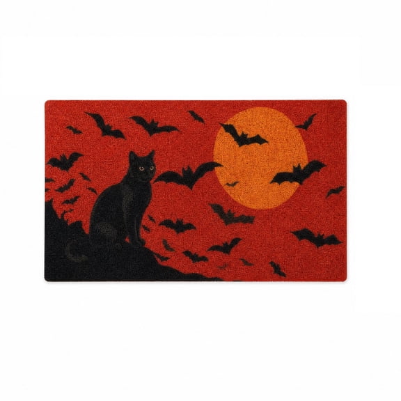 Halloween Black Cat Doormat Bat Full Moon Spooky Front Porch Rug, Non Slip Floor Mat for Entryway Patio Indoor Outdoor, Gothic Halloween Welcome Mat Party Decor
