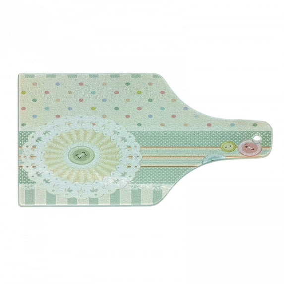 Shabby Flora Cutting Board, Sewing Theme Border with Button Floral Patch Traditional Lace Like Dots Print, Tempered Glass Cutting and Serving Board, Wine Bottle Shape, Multicolor, by Ambesonne