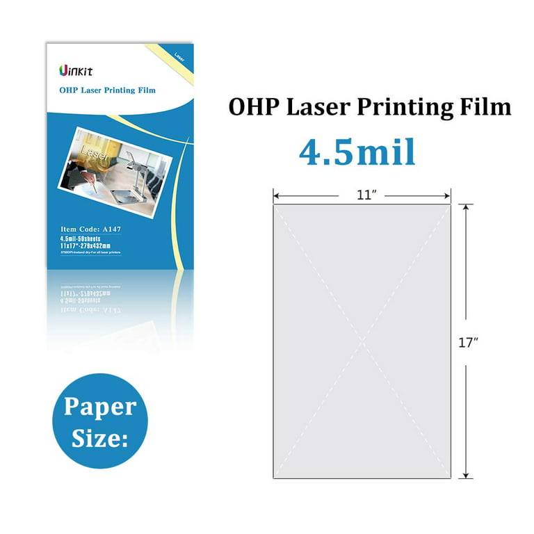 Uinkit 11x17 Laser Transparency Film Ohp 50 Pack Acetate Sheets Clear Overhead Projector LaserJet for Color Printer and Copier A3 Menu size, Size