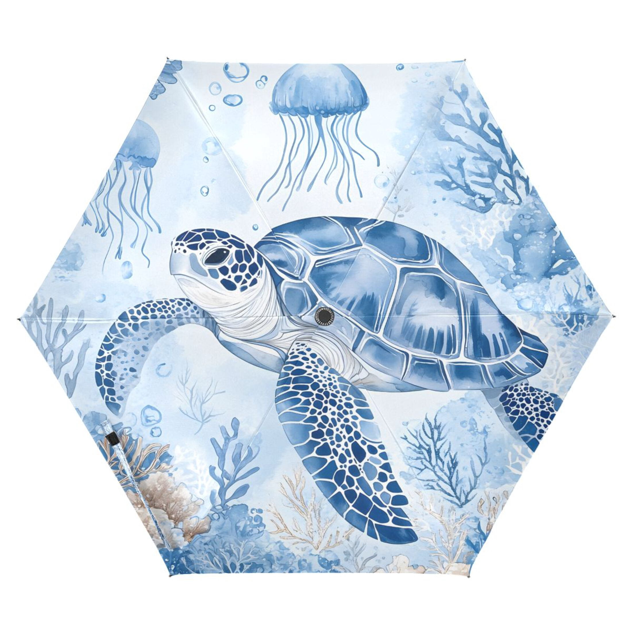 Compact Sun Umbrella Windproof Travel Umbrellas for Rain Strong Portable UV Protection Watercolor Turtle Jellyfish