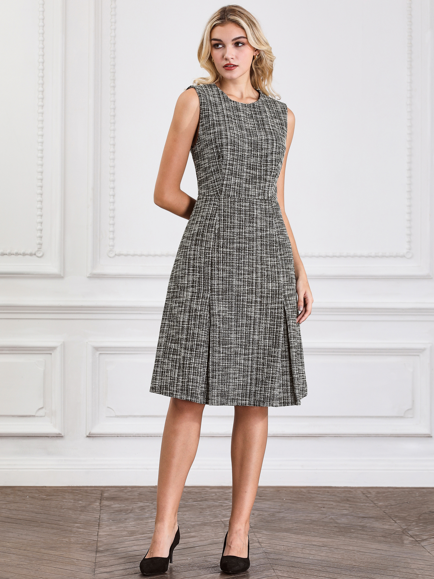 DARING DIVA A-Line Midi Round Neck Dress L Black Beige