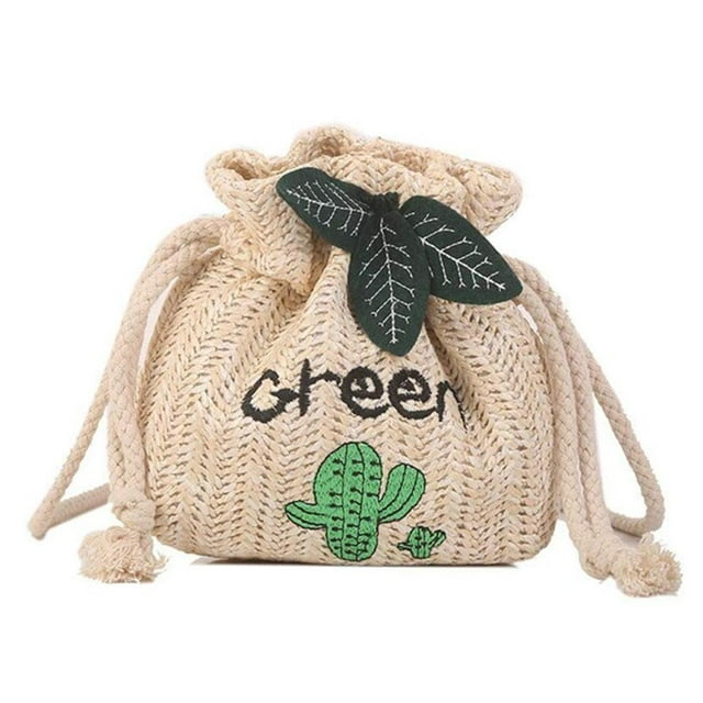 pitrice Women Straw Drawstring Handbags String Crossbody Handbag Straw Fashion One Shoulder Drawstring Bag No.1