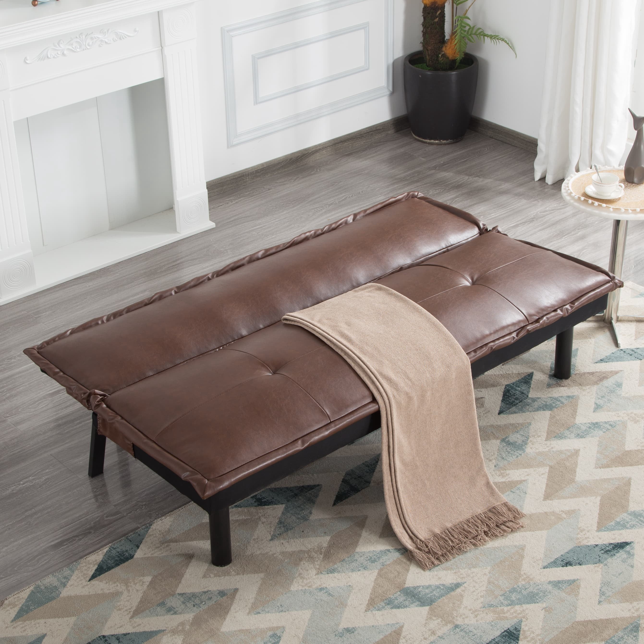 BSHTI 64.6” Futon Sofa Bed,PU Upholstery,Twin Size Convertible Sofa,With 5 Adjustable Positions,Perfect Meet your Different Needs-Brown