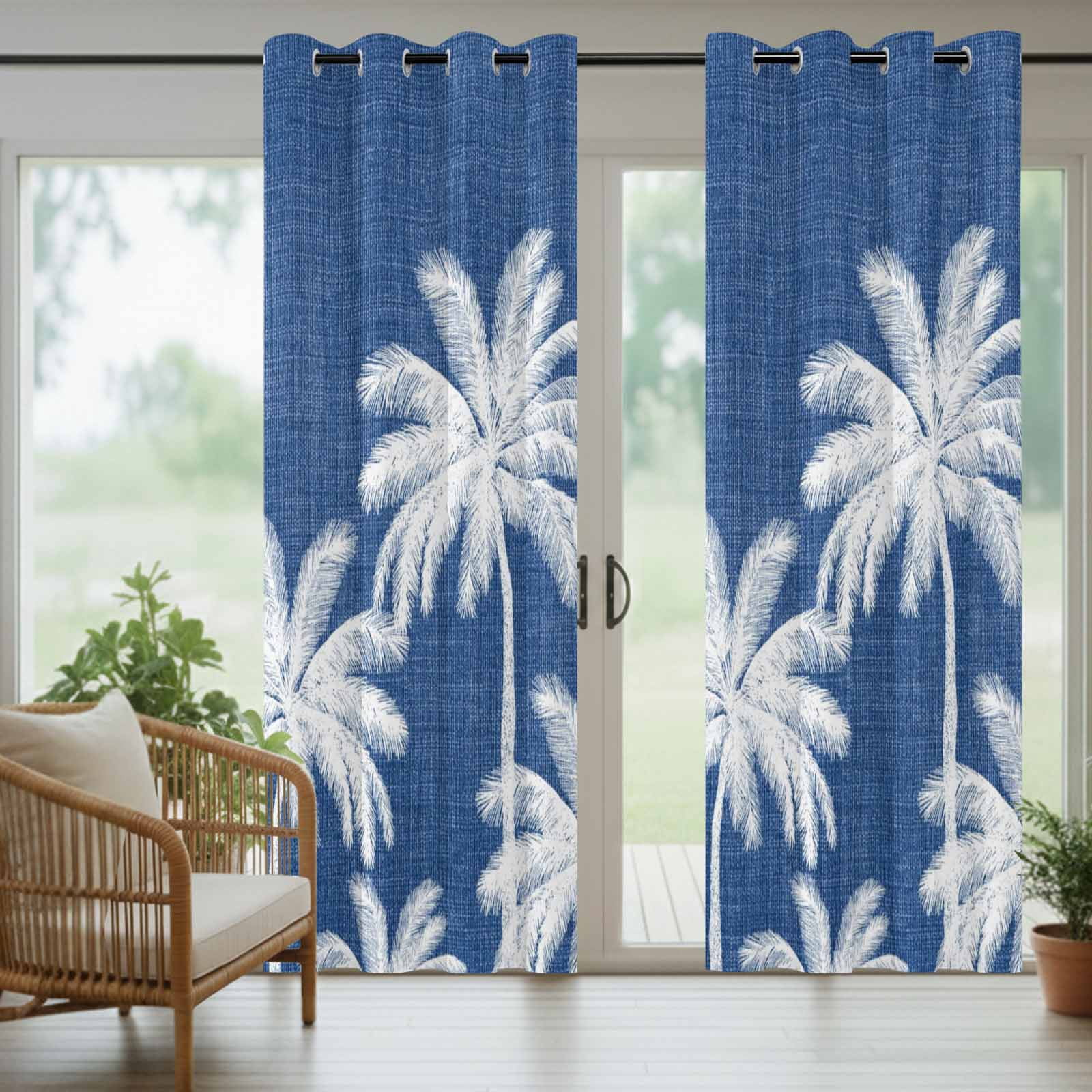Navy Blue Palm Trees Outdoor Curtains for Patio, Summer Beach Tropical Farmhouse Sunshade Privacy Drapes Grommet Waterproof Outside Curtains for Porch/Cabana/Balcony 54"x 108", 1 Panel