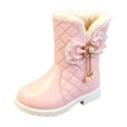 thumbnail image 2 of Girls Ankle Snow Boots Fleece Lined Bow Decor Faux Leather Snow Booties Kids Winter Warm Platform Boots Pink 2.5 Big Kids, 2 of 7