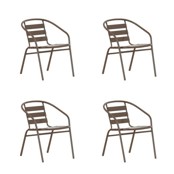 4 PACK Outdoor Patio Stackable Restaurant Arm Chair with Bronze Metal Frame and Aluminum Slats